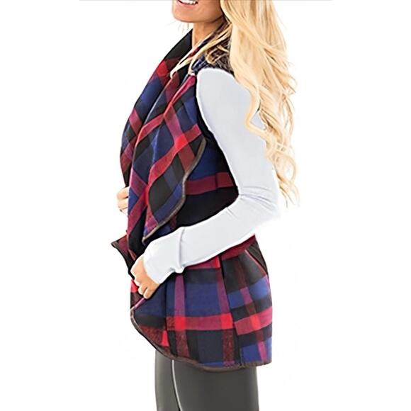 Unidear Buffalo Plaid Open Front Sleeveless Vest W Pockets Womens S New - Picture 2 of 6